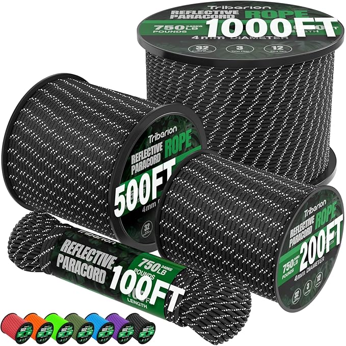 Reflective Paracord Rope 750 lb - 1000ft 5/32" Parachute Cord 4MM 12-Strand by Triberion