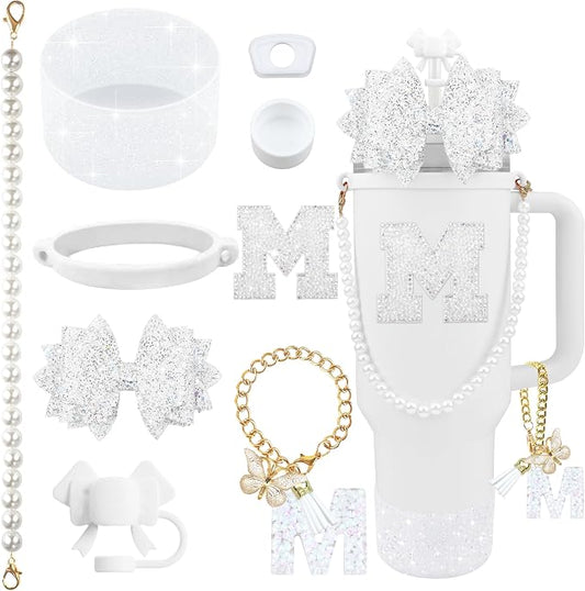 9PCS White for Stanley Cup Accessories Set Bling Initials Bow Charms for by Unknown
