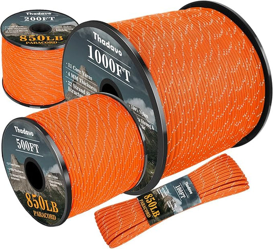 Reflective Parachute Rope 850Ib, 50/100/200/500/1000ft 4MM 11 Strand Strong by Thadavo