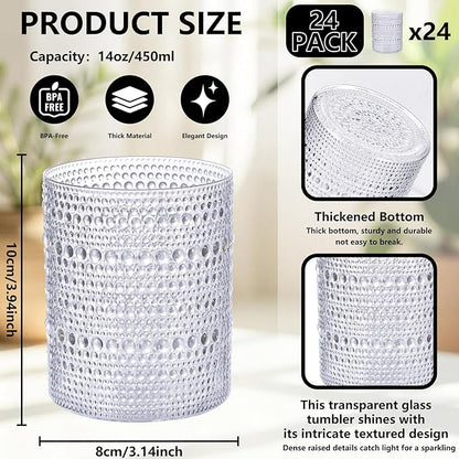 YOUBET 24PCS Plastic Hobnail Drinking Glasses - 14 Oz Clear Vintage Glasses - Image 2