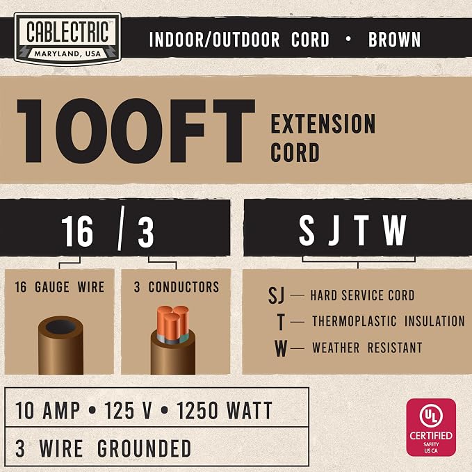 Brown 100' Extension Cord, 16/3 Heavy Duty Cable - Image 2