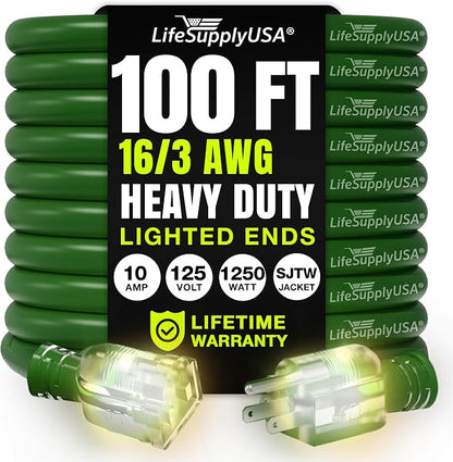 100ft Outdoor/Indoor Extension Cord 16/3 Gauge Heavy Duty 3 Prong SJTW by LifeSupplyUSA