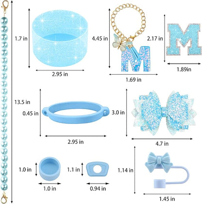 9PCS Blue for Stanley Cup Accessories Set Bling Initials Bow Charms for Stanley - Image 3