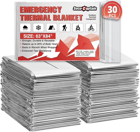 SecuCaptain Survival Emergency Thermal Blankets: 30 Pack Extra Large 84” x63” by SecuCaptain