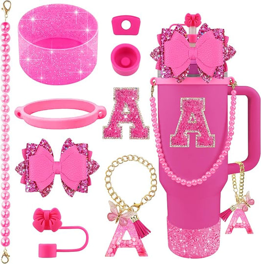 9PCS Hot Pink for Stanley Cup Accessories Set Bling Initials Bow Charms for by Unknown