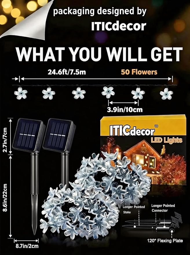 ITICdecor 2 Pack 50 LED Solar String Lights Outdoor Waterproof Flower Solar - Image 6