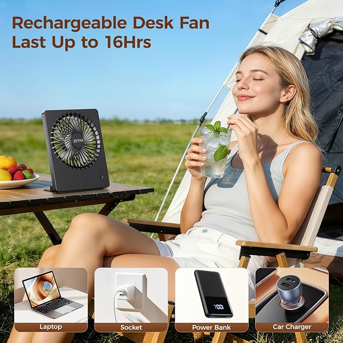 Zuvas Desk Fan Battery Operated Fan Rechargeable 180°Tilt Folding Personal Fan - Image 3