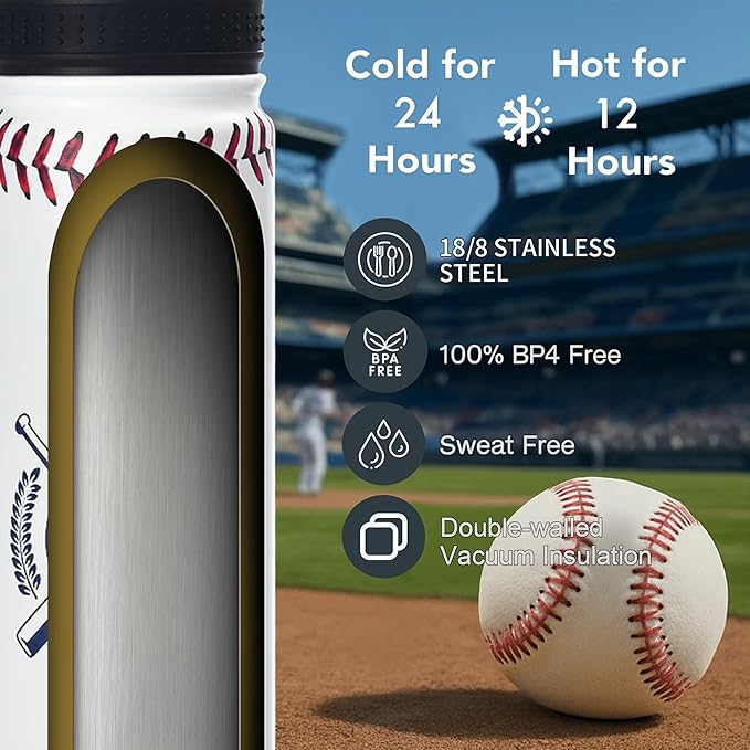 Baseball Water Bottle, 24 oz Insulated Stainless Steel Sports Bottle - Image 6