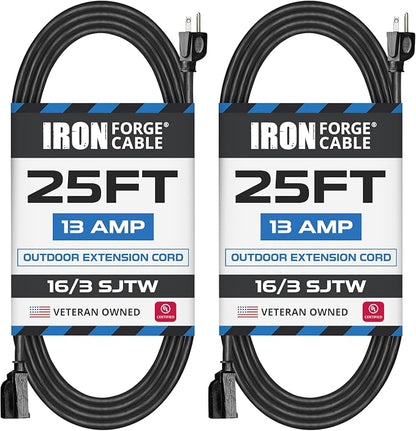 Iron Forge Cable 2 Pack 25 Ft Black Extension Cord, 25 Foot Extension Cord by IronForgeCable