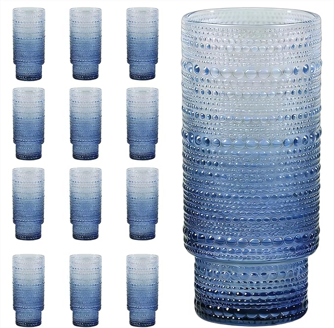 Large Capacity 16 oz Hobnail Drinking Glasses Set of 12, Vintage Glassware by Cowjut