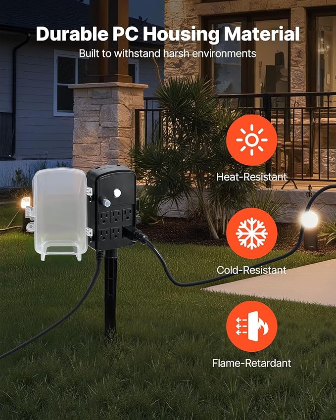 VEVOR Outdoor Power Stake Waterproof, 25 FT Extension Cord, Outdoor Power Strip - Image 5