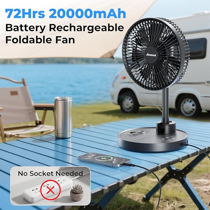 AMACOOL 10'' Foldable Oscillating Fan, 20000mAh Battery Operated - Image 2