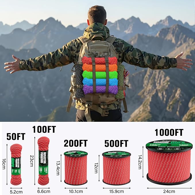 Reflective Paracord Rope 750 lb - 1000ft 5/32" Parachute Cord 4MM 12-Strand - Image 5