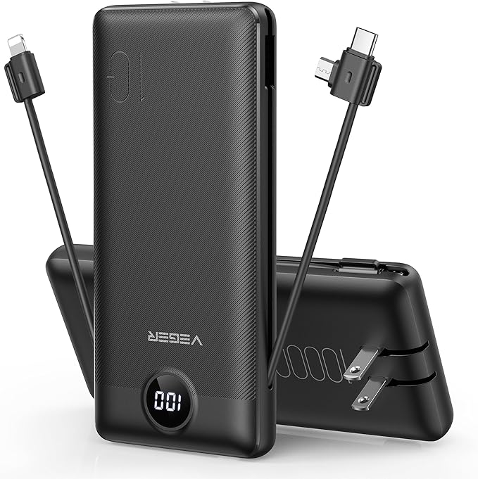 VEGER Portable Charger with Built-in AC Plug and Cables, All in One 10000mAh by VEGER