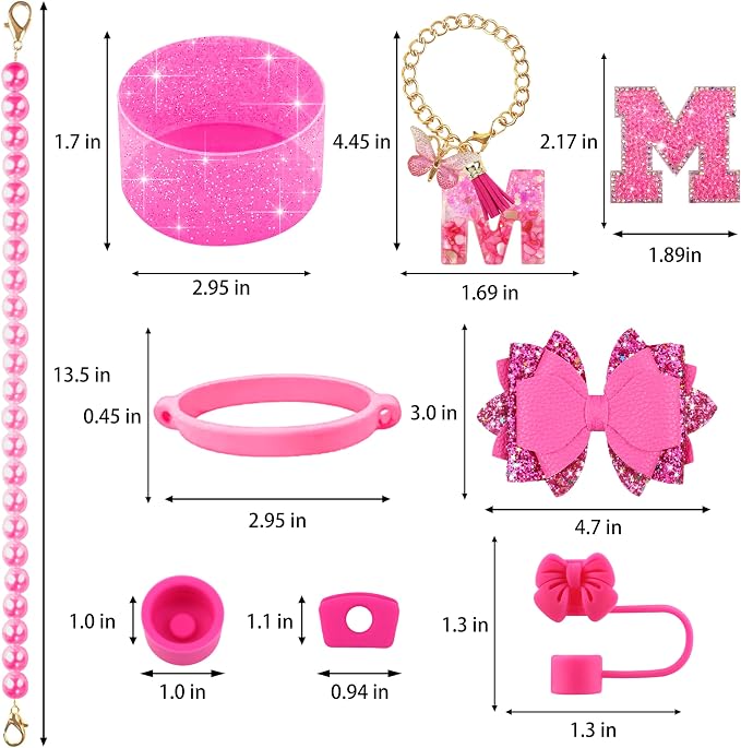 9PCS Hot Pink for Stanley Cup Accessories Set Bling Initials Bow Charms for - Image 3
