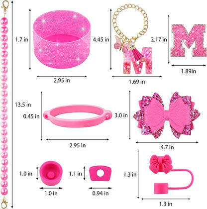 9PCS Hot Pink for Stanley Cup Accessories Set Bling Initials Bow Charms for - Image 3