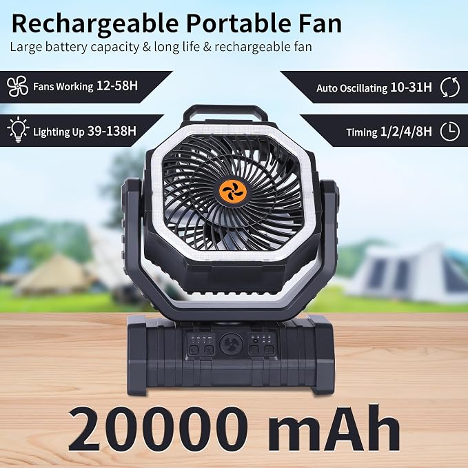  Rechargeable Fan Portable, Battery Powered Camping Fan - Image 2