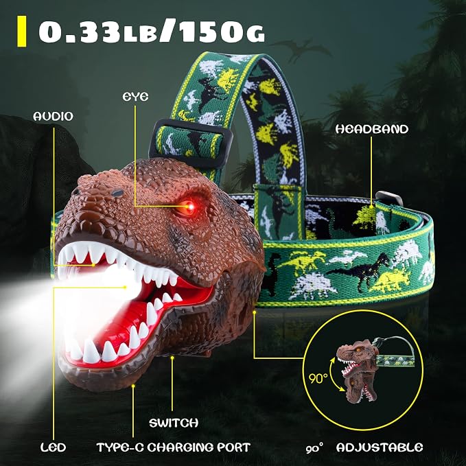 Dysaim Kids Headlamp, Dinosaur LED Rechargeable Headlamp - Image 7
