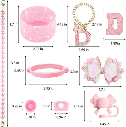 9PCS Pink for Stanley Cup Accessories Set Bling Initials Bow Charms for Stanley - Image 3