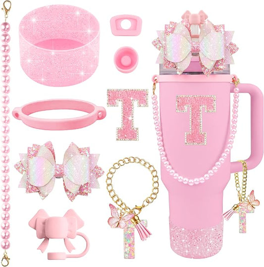 9PCS Pink for Stanley Cup Accessories Set Bling Initials Bow Charms for Stanley by Unknown