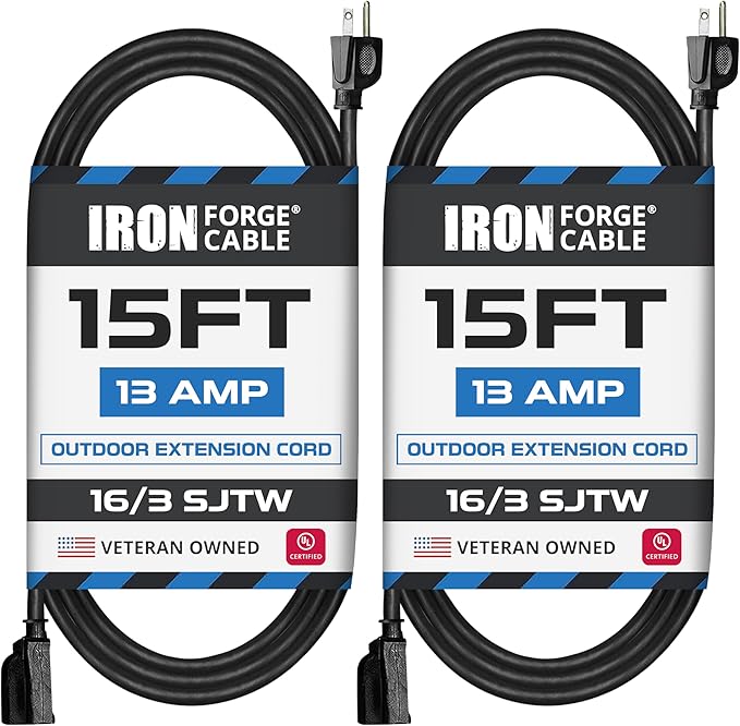 Iron Forge Cable 2 Pack 15 Ft Black Extension Cord, 15 Foot Extension Cord by IronForgeCable