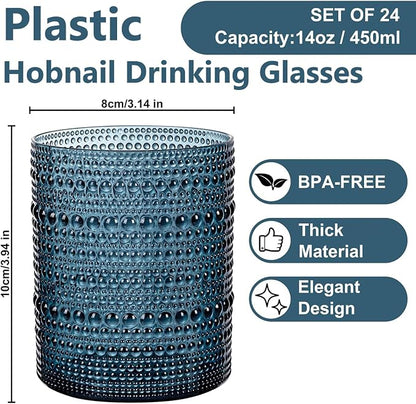 YOUBET 24PCS Plastic Hobnail Drinking Glasses - 14 Oz Blue Vintage Glasses - Image 3