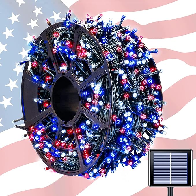 JMEXSUSS 600 LED 4th of July Decorations Solar Lights, 206.7ft Red White and by JMEXSUSS