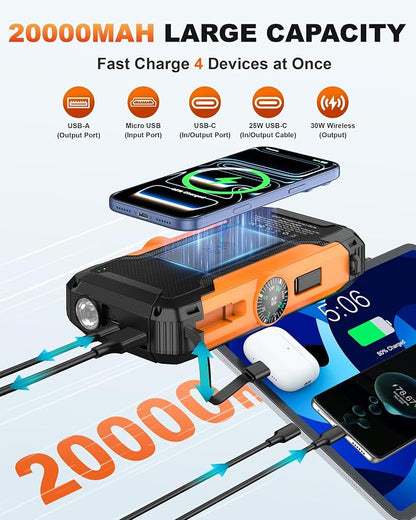Solar Power Bank with Hand Crank and Retractable Cables, 20000mAh Wireless - Image 2