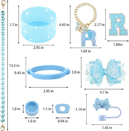 9PCS Blue for Stanley Cup Accessories Set Bling Initials Bow Charms for Stanley - Image 3