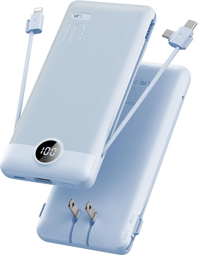 VRURC Portable Charger Built-in Cables and AC Wall Plug, USB C Power Bank by Home