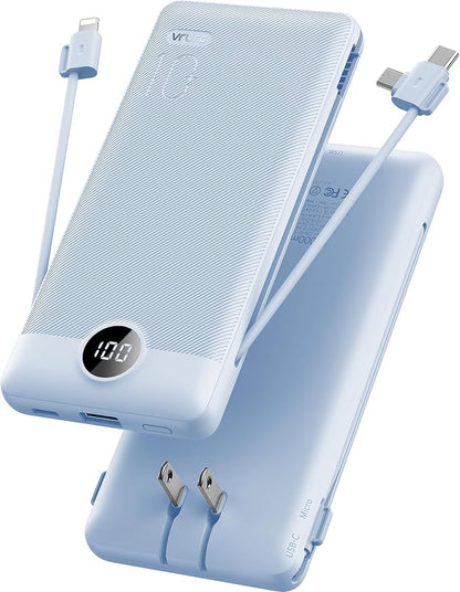 VRURC Portable Charger Built-in Cables and AC Wall Plug, USB C Power Bank by Home