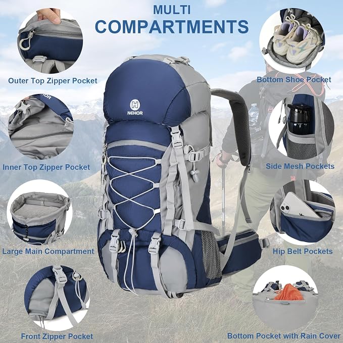 60L Hiking Backpack, Water Resistant Camping Backpack - Image 3