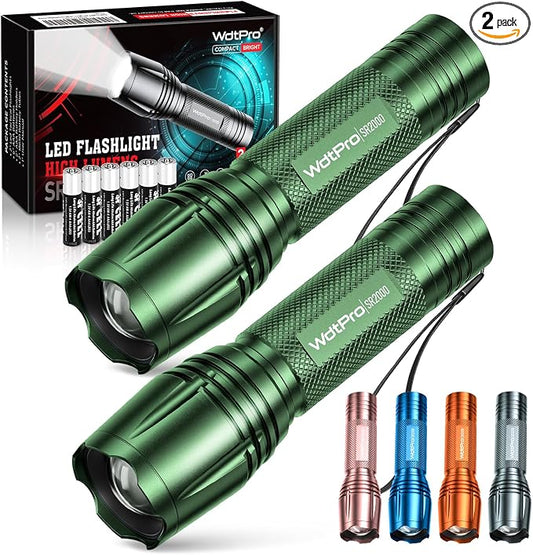 WdtPro LED Flashlight High Lumens SR2000 Pro, 2 Pack Brighter Tactical by WdtPro
