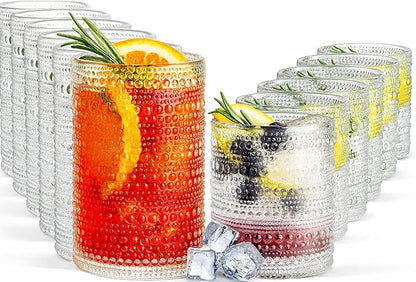 Khen Vintage Hobnail Drinking Glasses Set of 12, 13oz Highball Glasses & 10 oz by Khen