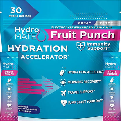 HydroMATE Electrolyte Powder Fruit Punch Hydration Packets Low Sugar 30 Count by HydroMATE