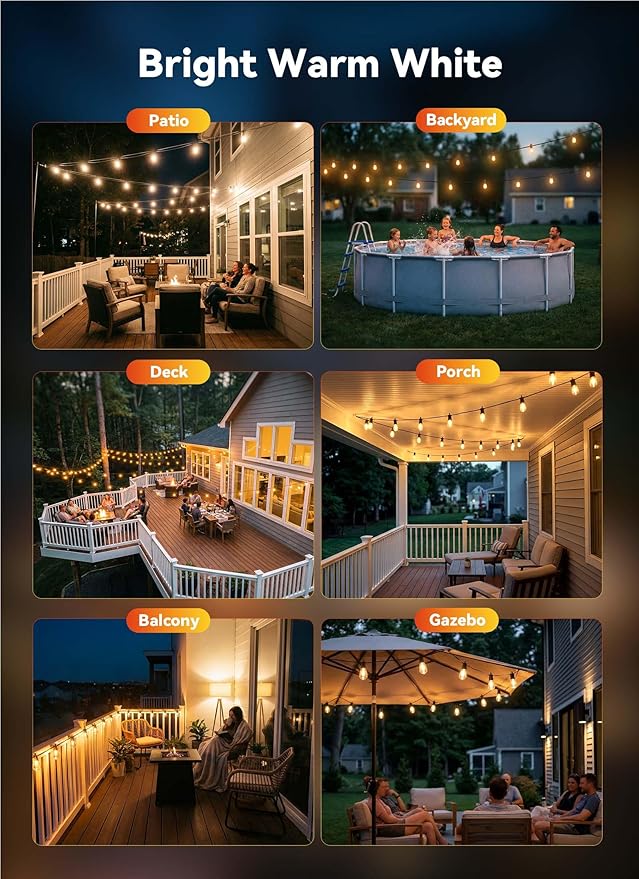 Minetom 53FT Outdoor String LED Patio Lights Waterproof, 16 Shatterproof S14 - Image 6