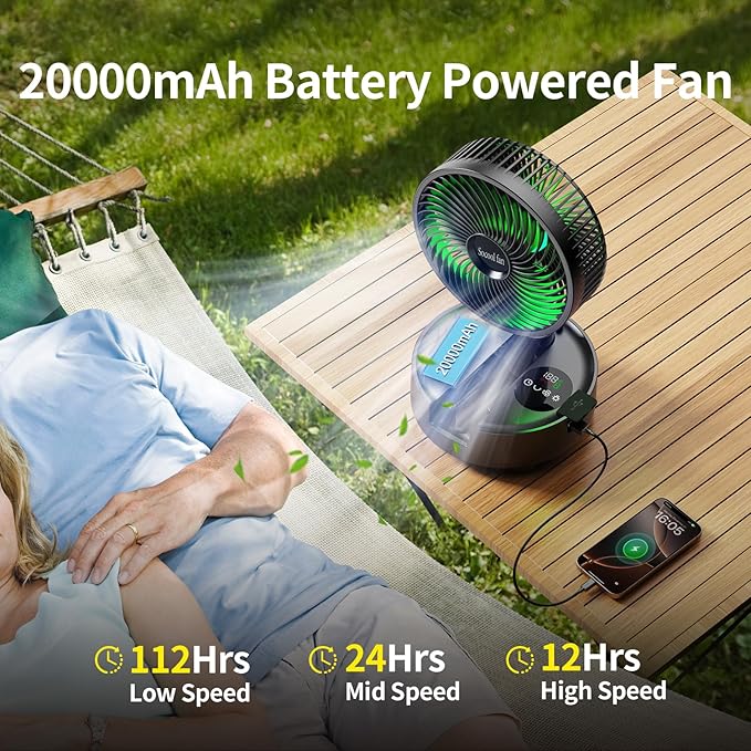 Socool 20000mAh 8 Inch Portable Fan Battery Operated Fans, Oscillating Charging - Image 2