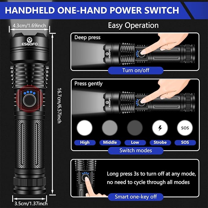 Esgofo Flashlights High Lumens 100000 Rechargeable, Super Bright Handheld LED - Image 5