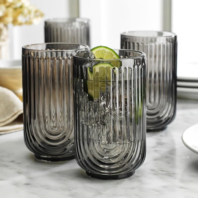 Glaver's Vintage Glassware Art Deco Glasse Ribbed Drinking Glasses U-Shape Arch - Image 2
