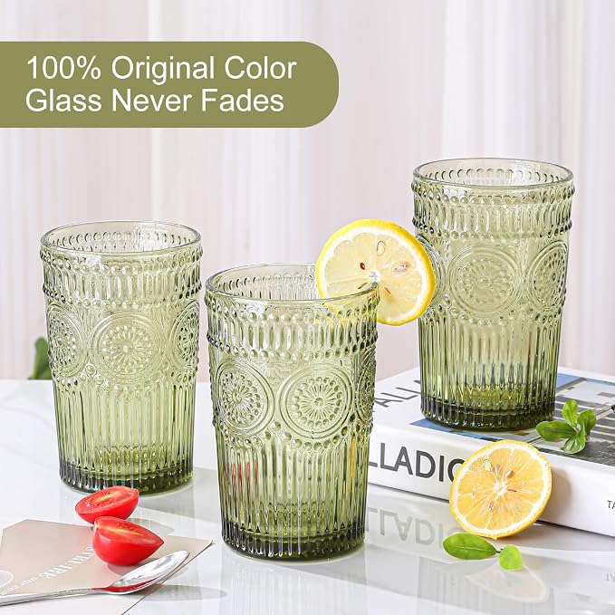 ZMOWIPDL Vintage Glassware Drinking Glasses Set of 6, 13 oz Green Textured - Image 3