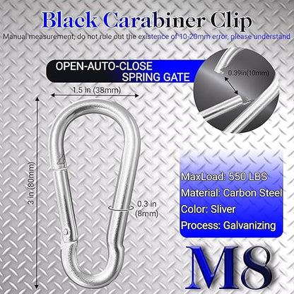 12 Pack 3" Heavy Duty Carabiner Clips, M8 Sliver Galvanized Steel Spring Snap - Image 2