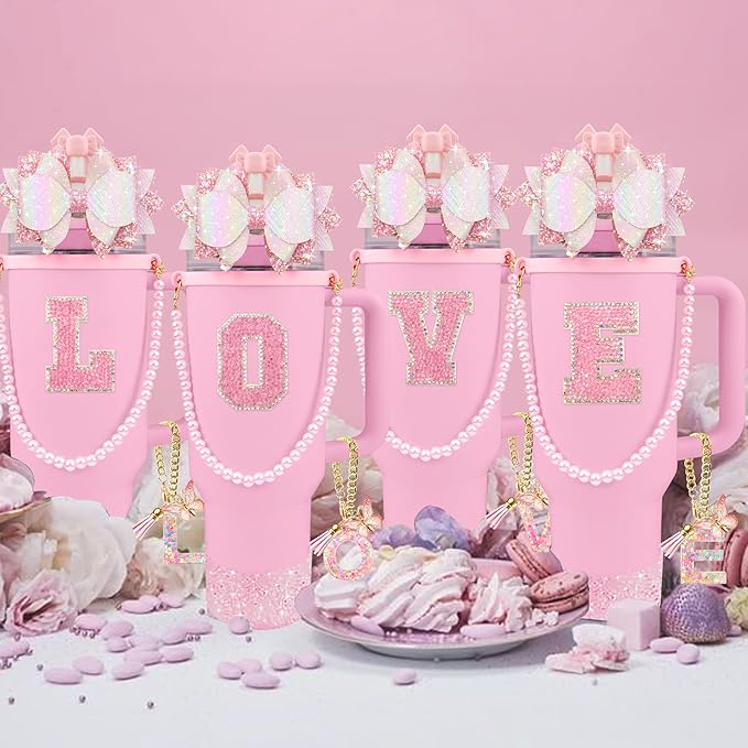 9PCS Pink for Stanley Cup Accessories Set 30/40 Oz Bling Initials Bow Charms - Image 7