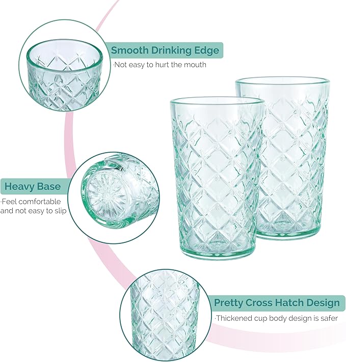 CREATIVELAND Drinking Highball Glasses Set of 4, Vintage Cross Hatch Glass Cups - Image 3