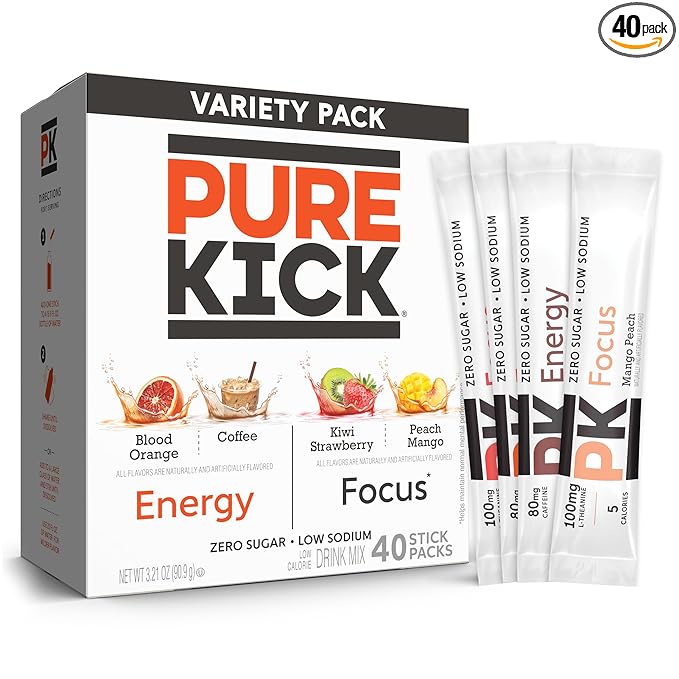 PURE KICK Energy and Focus Singles To Go Drink Mix Variety Pack, Blood Orange by PureKick