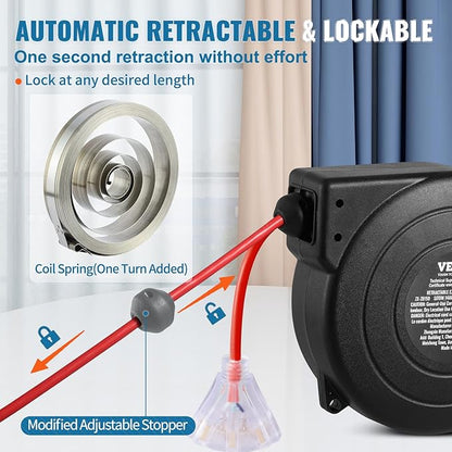 VEVOR Retractable Extension Cord Reel, 50 FT, Heavy Duty 14AWG/3C SJTOW - Image 5