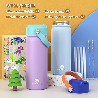 GoKEDA 18oz Kids Water Bottle, 2 Pack Insulated Bottles - Image 4
