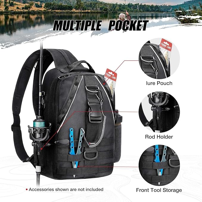 Piscifun Fishing Backpack with Rod Holder, Lightweight Sling Bag Storge Gear - Image 4