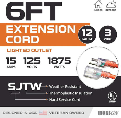 Iron Forge Cable 12 Gauge Extension Cord 6 ft, 12/3 SJTW 6 Foot Heavy Duty - Image 2