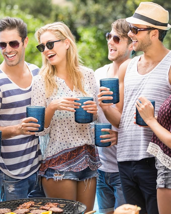 YOUBET 24PCS Plastic Drinking Glasses - 14OZ Blue Hobnail Drinkware Glasses - - Image 9
