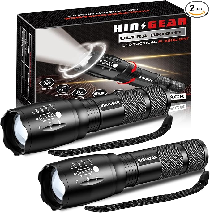 1 Mode Flashlights 2 Pack, Super Bright Zoomable LED Tactical Flashlight High by HINSGEAR